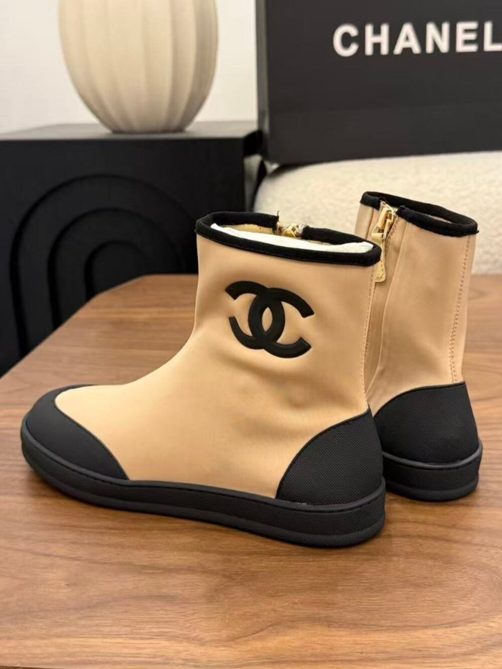 Chanel Beige & Black CC Logo Stretch Side‑Zip Ankle Boots